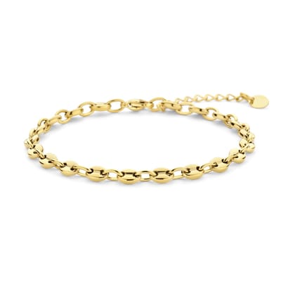 CO88 Collection 8CB-91290 Stalen Armbandje - Schakel Armband - Koffieboon Schakel - 16,5+3cm - 3mm Breed - Staal - Goudkleurig