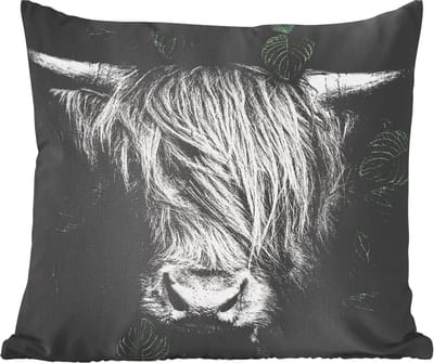 Sierkussens - Kussentjes Woonkamer - 60x60 cm - Schotse hooglander - Bladeren - Zwart - Wit