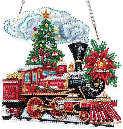 Kerst Diamant Schilderen Kits voor Volwassenen en Kinderen, 5D Speciale Vorm Kersttrein Hanger met Kristallen Strass voor Thuisdecoratie en Cadeaus