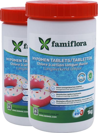 Famiflora - Langwerkend anorganisch chloor 2KG (2 x 1kg) - 10g tabs (200x10g) - niet-gestabiliseerd chloor - Lange & snelle werking - Gelijkmatige chloorafgifte - Efficiënte desinfectie