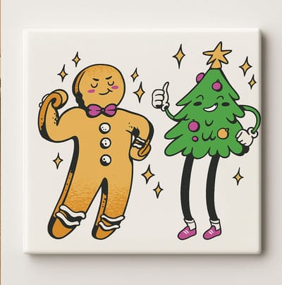 Grappige Kerst Tegel met Peperkoekman & Kerstboom 15x15 cm – Speelse Feestelijke Keramische Wanddecoratie Cadeau voor Kersthuis Decoratie