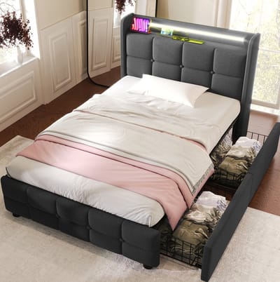 MEUNIQ gestoffeerd eenpersoonsbed 90x200 cm met LED-verlichting, 2 lades, hoofdbord met USB en stopcontacten, houten lattenbodem, bedframe voor slaapkamer, grijs