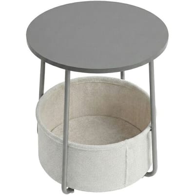 Ochama Ronde Bijzettafel met Stoffen Mand, voor Woonkamer en Slaapkamer, Nachtkastje, Moderne Stijl, Grijs