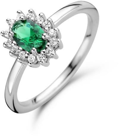 Gerhodineerd Zilver Ring Synth. Smaragd En Met Zirkonia Halo 1336548