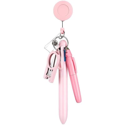 Macaron Zuster Pen Set Badge Mini Uitschuifbare Badge Accessoires Balpen Fluorescerende Pen Vouwbare Schaar Sleutelhanger