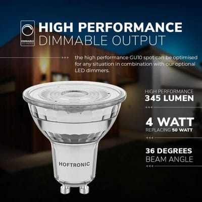 HOFTRONIC GU10 LED Spot - 4 Watt 345 Lumen - 2700K Warm wit - Dimbaar - Vervangt 50 Watt - LED Reflector