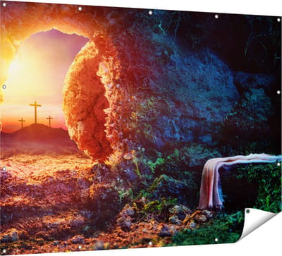 Gards Tuinposter Kruisiging bij Zonsopgang - Opstanding Jezus - 160x120 cm - Tuindoek - Tuindecoratie - Wanddecoratie buiten - Tuinschilderij