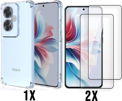 Casemania Hoesje Geschikt voor Oppo Reno 11F - Reno 11 F - Transparant & 2X Glazen Screenprotector- Anti Shock Hybrid Back Cover