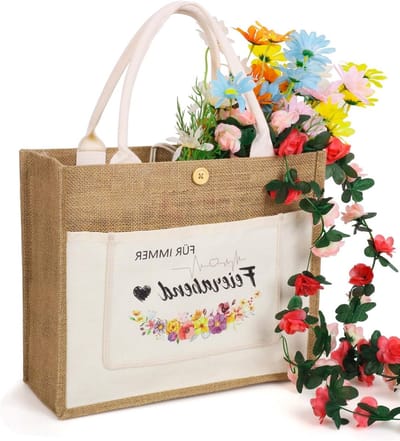 Vrouwelijke Jute Tas voor Pensioen, Perfect als Afscheids- of Bedankt Cadeau, 35 x 30 x 14 cm, Duurzaam en Stijlvol