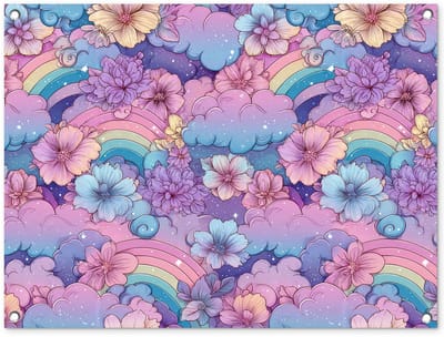 Tuinposter 80x60 cm - Tuindecoratie Regenbogen - Bloemen - Kleurrijk - Wolken - Poster voor in de tuin - Buiten decoratie - Schutting tuinschilderij - Tuindoek muurdecoratie - Wanddecoratie balkondoek