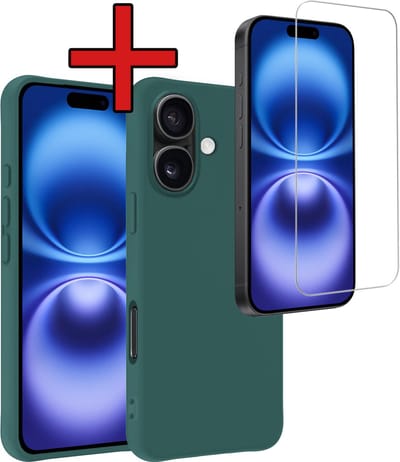Hoesje - Met Screenprotector - Geschikt voor Apple iPhone 16 - Sterk & Shockproof - Telefoon Hoes - Back Cover - Siliconen Case - Telefoonhoes - Donkergroen