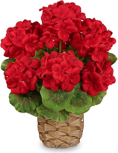 Artificial Flower in Woven Pot 13.7 Inch Faux Red Geraniums in Rustic Basket Realistic Silk Flowers Arrangement Indoor - ShopVlot