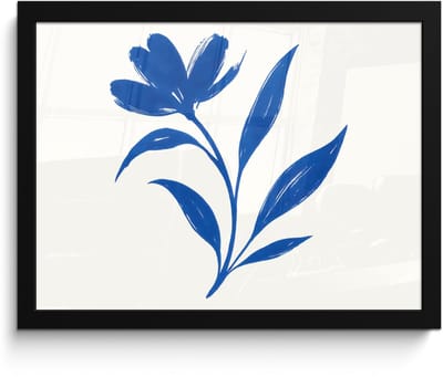 Poster in lijst - Fotolijst 40x30 cm - Posters - Bloem - Blaadjes - Minimalistisch - Blauw - Posterlijst zwart - Decoratie - Wanddecoratie woonkamer - Muurdecoratie slaapkamer