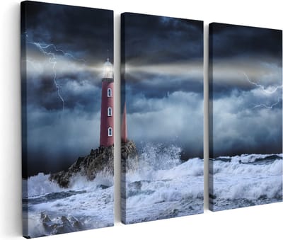 Artaza Canvas Schilderij Drieluik Vuurtoren op een Storm Zee met Golfen Water - 180x120 - Groot - Foto Op Canvas - Canvas Print