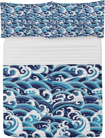 ABAKUHAUS Japanese Wave Microfiber Bedspreiset, Zacht beddengoed met kussenslopen en quilt, 264 cm x 220 cm, Lichtblauw Marineblauw