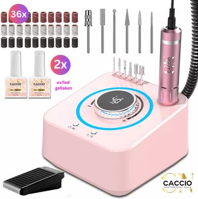 CACCIO® Roze Elektrische Nagelfrees-40.000RPM-Electrische Nagelvijl set-Nagelvijl elektrisch-Licht Gewicht Techno-Incl.6nagelbitjes- 2x 15ml gellaken-36 schuurrolletjes-Manicure Pedicure Voeten Handen-Vijl-Acrylnagels-Gelnagels-manicure pedicure set