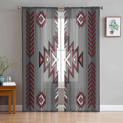 Bohemian Aztec Landelijk Boerderij Zwart Rood Grijs Transparante Gordijnen voor Woonkamer Decoratie Raamgordijnen Keuken Tule Voile Gordijnen W135 x H115cm x1 black