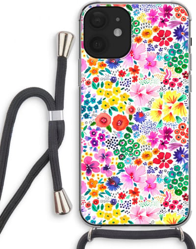 Case Company® - Hoesje met koord geschikt voor iPhone 12 mini hoesje met Koord - Little Flowers - Telefoonhoesje met Zwart Koord - Bescherming aan alle Kanten en Over de Schermrand
