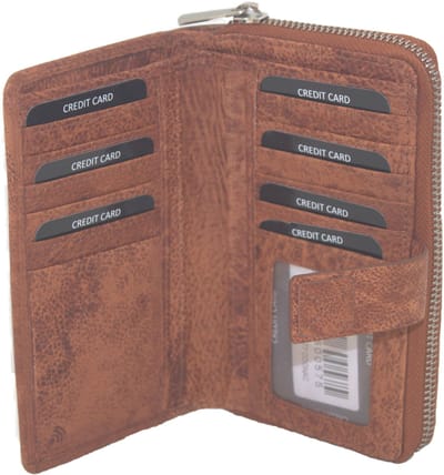 Oi cognac bruine gemêleerde rits portemonnee / halflange lederen damesportemonnee voor veel pasjes / leren beurs afsluitbaar / ritsportemonnee met diep biljetvak en rits voor muntgeld / Anti skim / camel- zandkleurig leer / 477Cognac