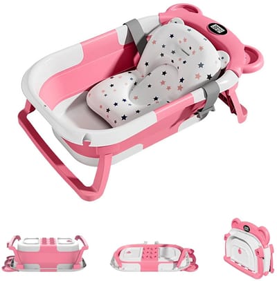Geargalaxy Draagbare Babybadkuip - Reisbadkuip - Badje voor baby’s - Reis babybadje - Veilig babybadje - Inclusief Thermometer - Roze