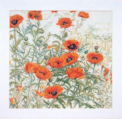 Thea Gouverneur - Borduurpakket met telpatroon - 2062 - Voorgesorteerde DMC Garens - Oranje Klaprozen - Linnen - 45 cm x 47 cm - DIY Kit