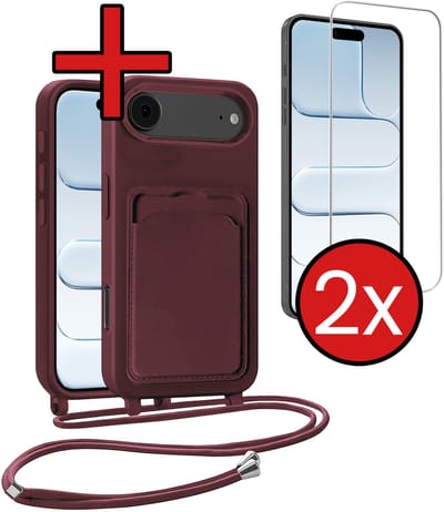Hoesje Geschikt voor iPhone Air Hoesje Met Telefoonkoord en Pasjeshouder Met 2x Screenprotector Siliconen - Hoes Geschikt voor iPhone Air Hoesje Met Kaarthouder Case - Aubergine