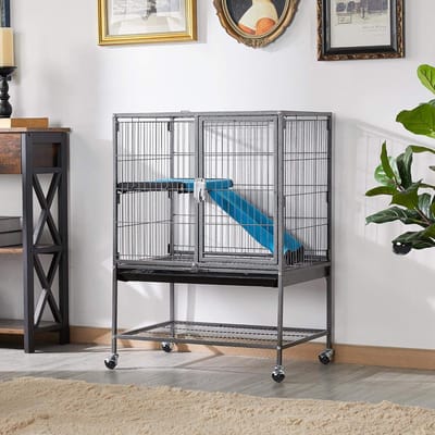 Chinchilla kooi, knaagdierenkooi met hellingen en platforms, metalen kooi voor kleine dieren, konijnenhok binnen, 61 x 42 x 85 cm, zwart, HMTM-BC-10033-BLACK