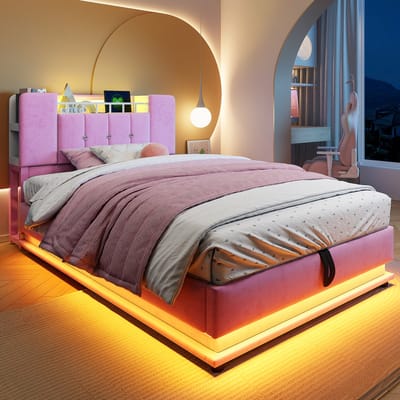 MODENUIT Kinderbed 90x200 cm – met Led en Usb – Hydraulische Opbergruimte – Zonder matras – Gestoffeerd – Roze