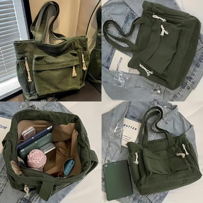 Sac Bandoulière Vintage avec Multiples Poches, Bandoulière Fixe, Fermeture à Glissière Idéal pour les Sorties Décontractées, les Trajets, Sac de Voyage Petit Sac Cabas Vintage vert