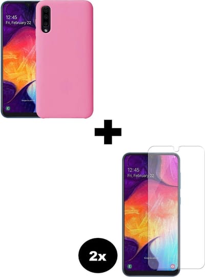 Hoesje - Met 2x Screenprotector - Geschikt voor Samsung Galaxy A50 - Sterk & Shockproof - Telefoon Hoes - Back Cover - Siliconen Case - Telefoonhoes - Roze