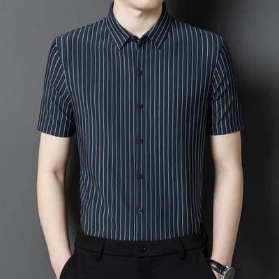Zomer Heren Shirt Mode Polo Kraag Heren Korte Mouw Shirt Gestreept Casual Slim Fit Heren 4XL black