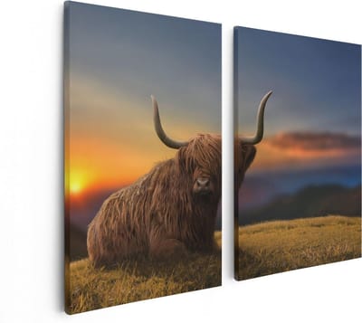 Artaza Canvas Schilderij Tweeluik Schotse Hooglander Koe Op Een Heuvel - 80x60 - Foto Op Canvas - Canvas Print