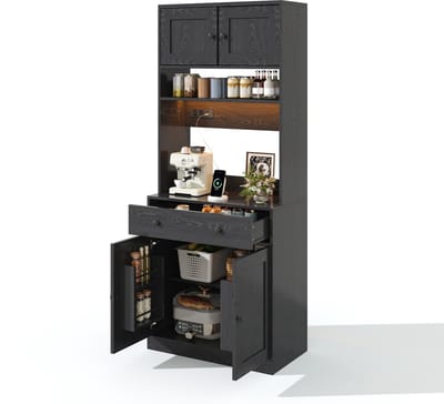 Hoge keukenkast 180 cm - Opbergkast met lade en kruidenrek - Ingebouwd stopcontact en RGB LED - Voor keuken en eetkamer - Zwart 72x40x180 cm