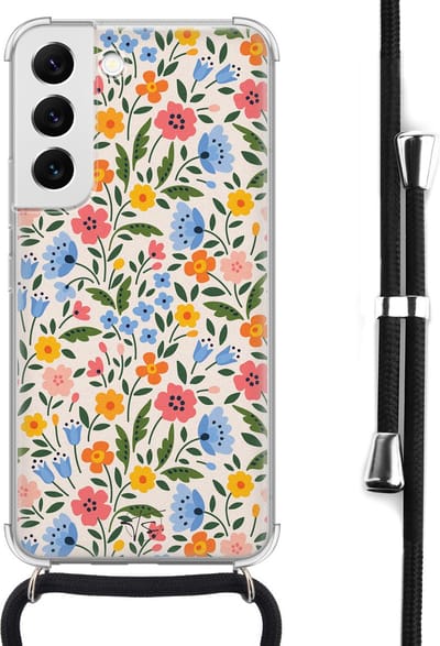 Hoesje met koord geschikt voor Samsung Galaxy S22 - Romantische bloemen - Inclusief koord - Crossbody beschermhoes - Transparant, Multi - Mooie Telefoonhoesjes