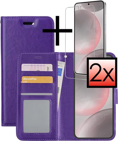 Hoesje - Met 2x Screenprotector - Geschikt voor Samsung Galaxy S24 - Luxe Pasjeshouder - Bookcase Portemonee - Flip Case - Kunstleer Book Case - Flipcase Hoes - Book Cover - Walletcase - Portemonneehoes - Paars