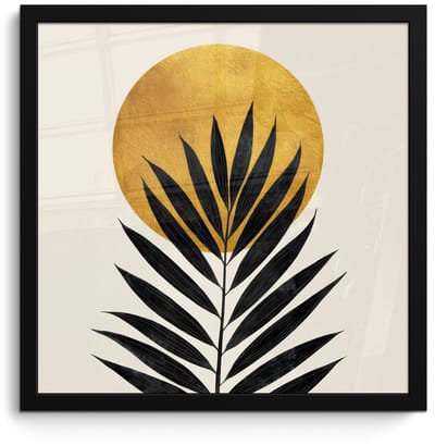 Poster in lijst - Fotolijst 40x40 cm - Posters - Zwart palmblad - Gouden cirkel - Beige achtergrond - Posterlijst zwart - Decoratie - Wanddecoratie woonkamer - Muurdecoratie slaapkamer