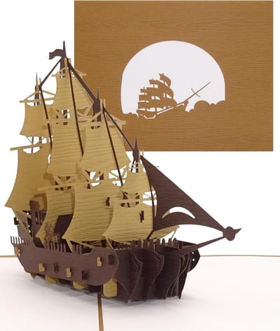Pop-up Kaart - 3D Wenskaart - Maritieme Groet - Handgemaakt Papierkunst - 15 x 20 cm - Bruin