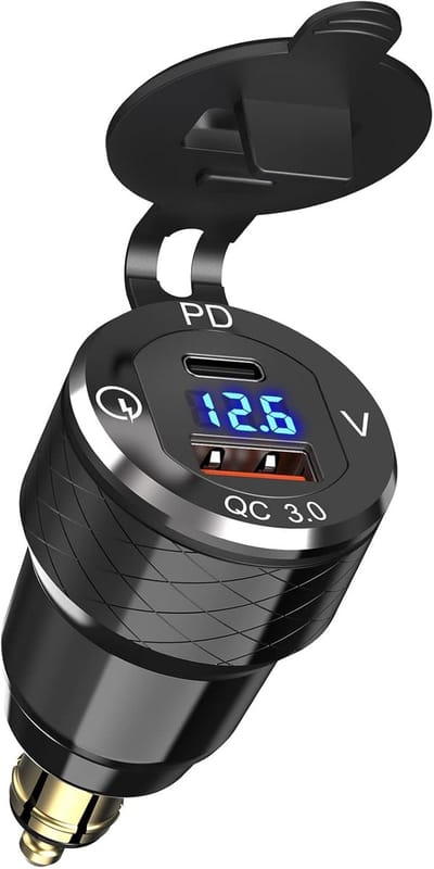 Aluminium DIN Socket Motorfiets Snellader met Voltageweergave - USB Adapter voor 12V-24V Motoren