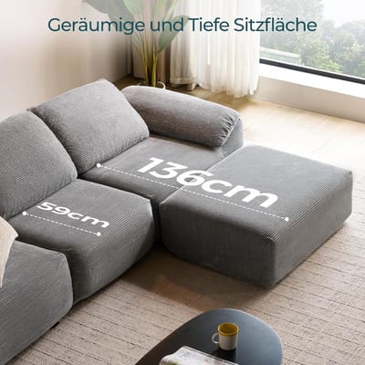 Sofa Bed 290x96x74 cm – Grey L-Shape Modular Corner Sofa with Sleep Function, Deep Seat, Corduroy Velvet Upholstery, Including Ottoman – Comfortable Lounge Couch for Living Room, Bedroom, Student Apartment – Abkantoor