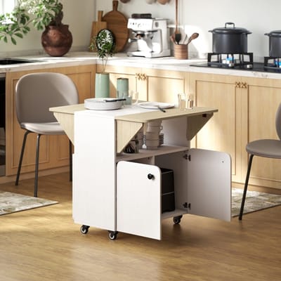 REDOM - Klaptafel Met Opbergruimte En Wielen - Modern - Voor Keuken - Hout - Wit - 70 x 83 x 75 Cm