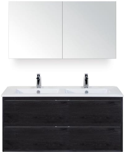 Porto Badmeubelset 120 cm - 2 Laden Black Oak - Keramische Wastafel Wit Slim met Spiegelkast