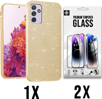 Casemania Hoesje Geschikt voor Samsung Galaxy A15 - Goud - 2X Glazen Screenprotector - Glitter Back Cover