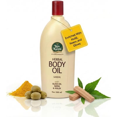 Keo Karpin Ayurvedische Lichaamsolie | Niet-Plakkerige Kruidenlichaamsolie met Sandelhoutgeur, Verrijkt met Olijfolie, Neem en Kurkuma | 500ml | beige