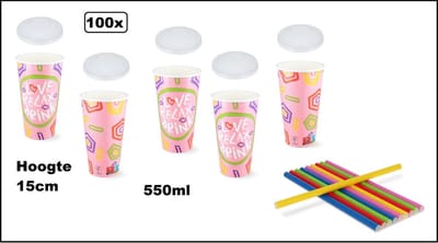 100x Milkshake beker Relax roze 550ml + 100x deksel + 100x rietjes color - Karton - Drinken beker thema feest festival evenement fun diner milkshakebeker