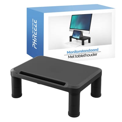 Phreeze - Monitor Verhoger - Monitorstandaard - Verstelbaar in 3 Hoogtes - Met Tablet Houder - Beeldscherm Verhoger - Zwart