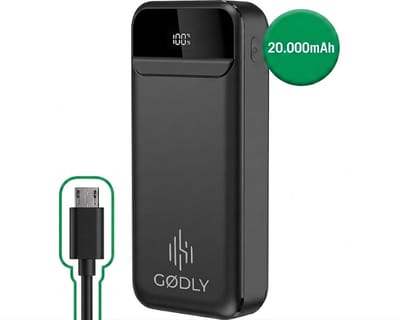 GØDLY® - Powerbank 20000 mAh - Quick Charge - Ultra Snellader 22.5W! - USB A, USB C & Micro USB - Geschikt voor Apple iPhone, Samsung & meer - Toegestaan in vliegtuig
