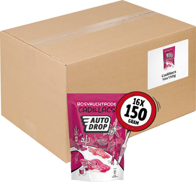 Autodrop - Snoep - Beroemde Bosvruchtrode Cadillacs - 16 zakjes - 150 gram