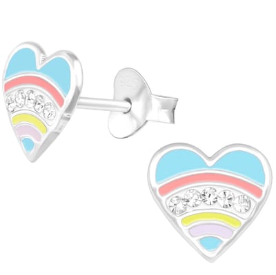 Joy|S - Zilveren hartje oorbellen - pastel regenboog - kristal - 8 mm - kinderoorbellen