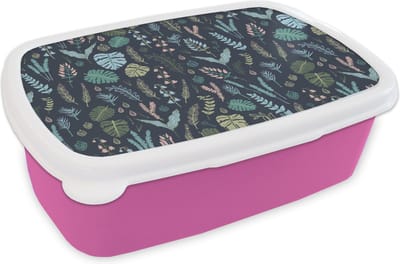 Broodtrommel Roze - Lunchbox - Brooddoos - Patroon - Jungle - Monstera - Bloemen - 18x12x6 cm - Kinderen - Meisje