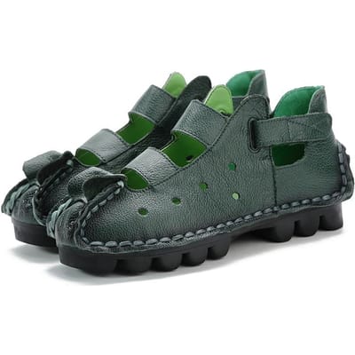 Zomer Toplaag Koeienhuid Platte Dames Schoenen Etnische Stijl Echt Leer Ademende Dames Sandalen Hol Grote Maat Moeders Schoenen 42